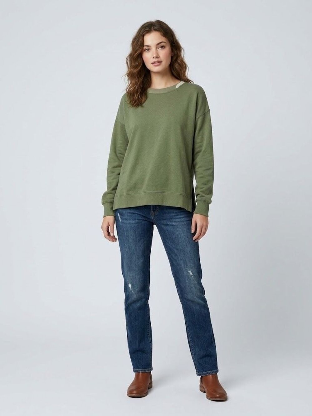 Gap Womens Olive Green Crewneck Sweatshirt M Cotton Blend Side Slit Pullover
